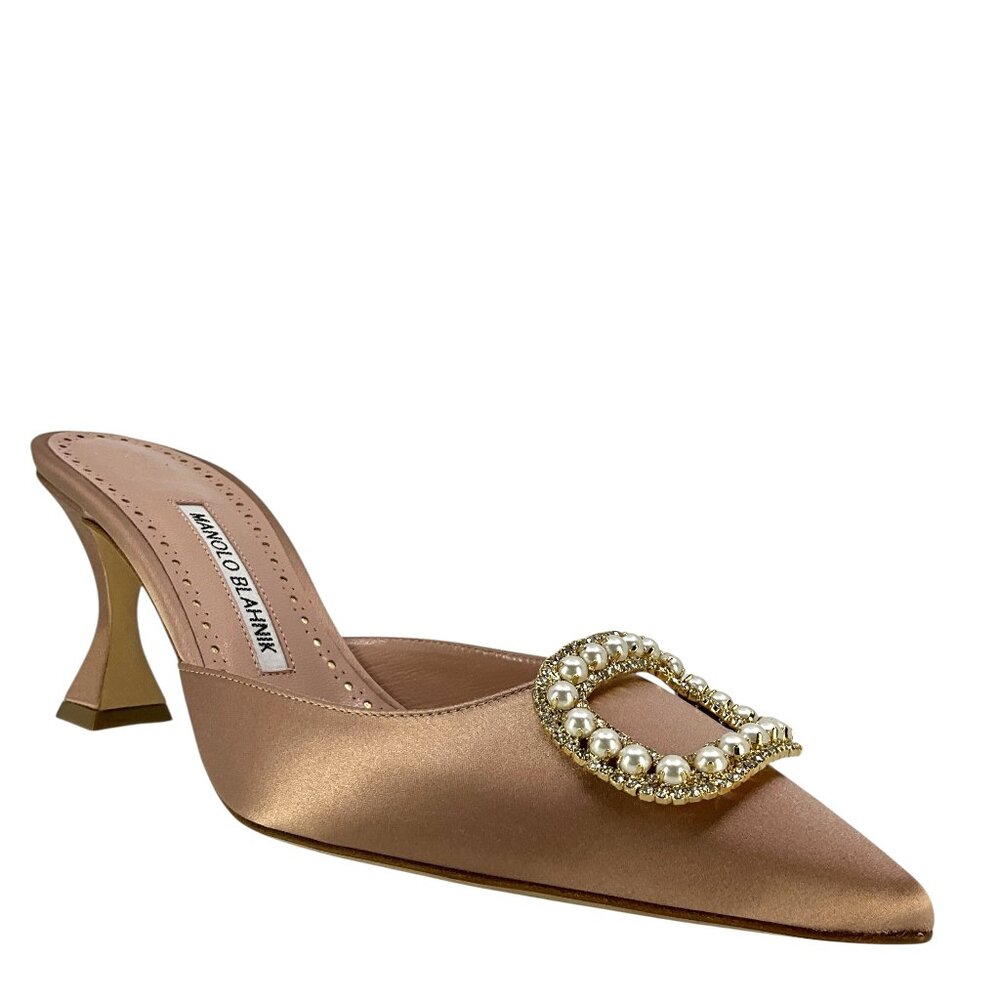 Manolo Blahnik Fabetamu Satin Embellished Buckle Mules Size 9